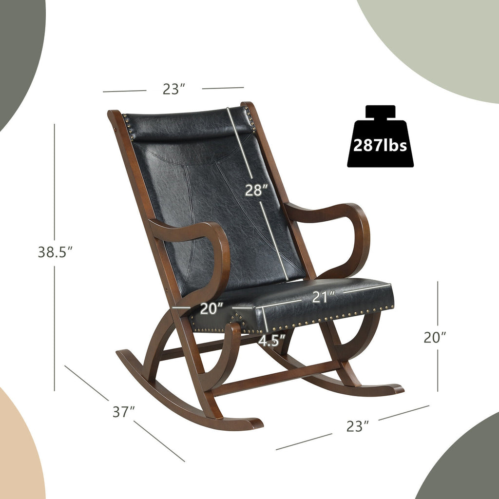 Modern Rocking Chair with PU Cushion and Rubber Wood Frame-Black