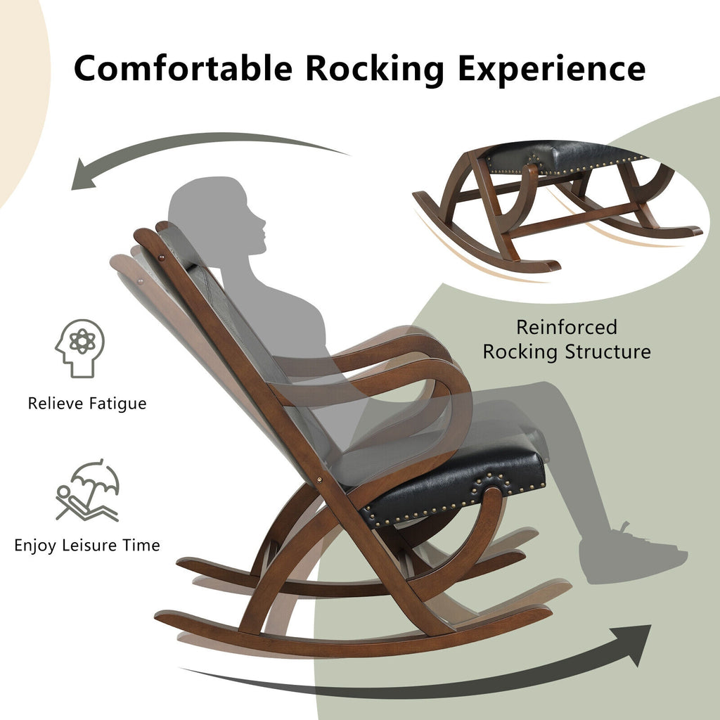Modern Rocking Chair with PU Cushion and Rubber Wood Frame-Black