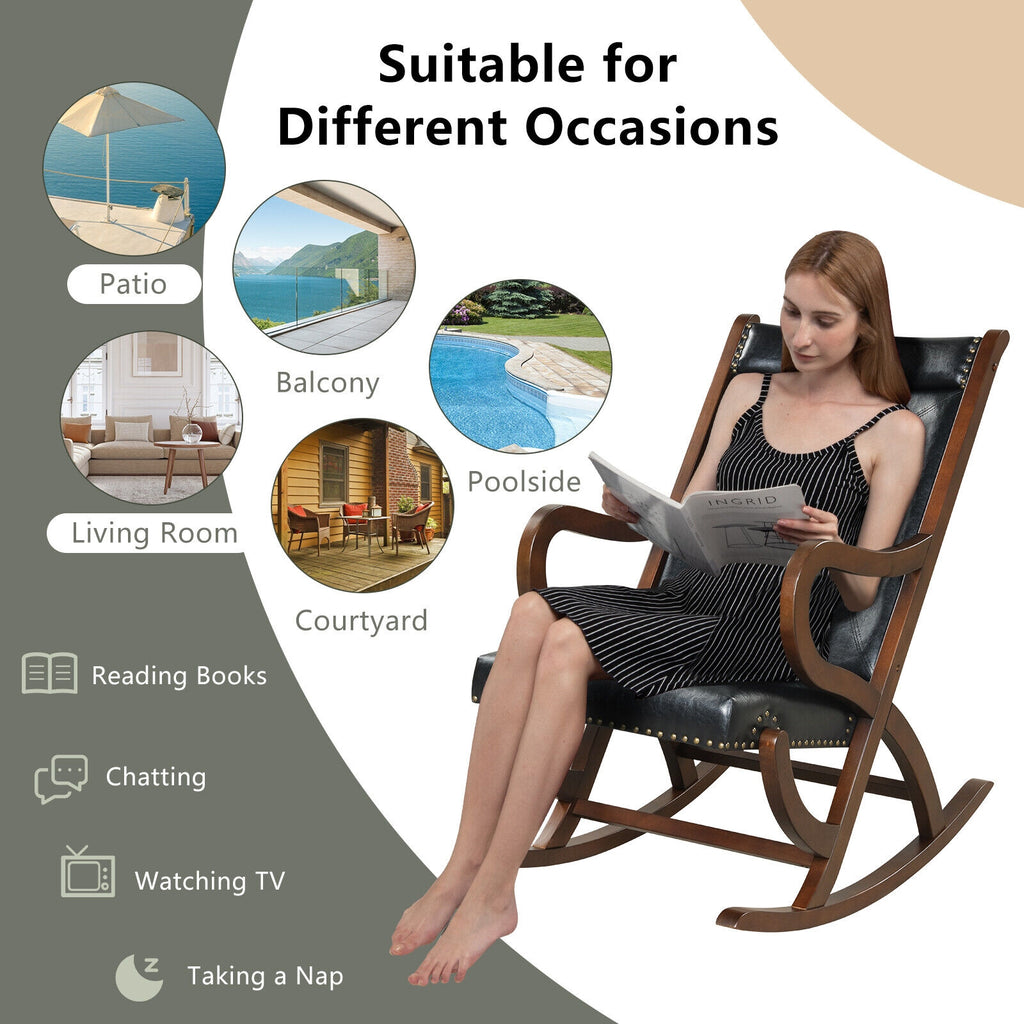 Modern Rocking Chair with PU Cushion and Rubber Wood Frame-Black
