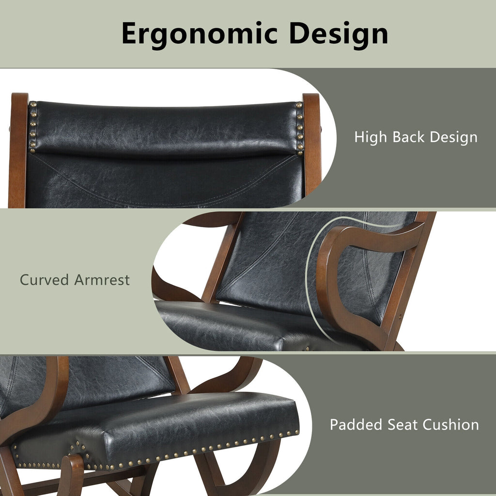 Modern Rocking Chair with PU Cushion and Rubber Wood Frame-Black