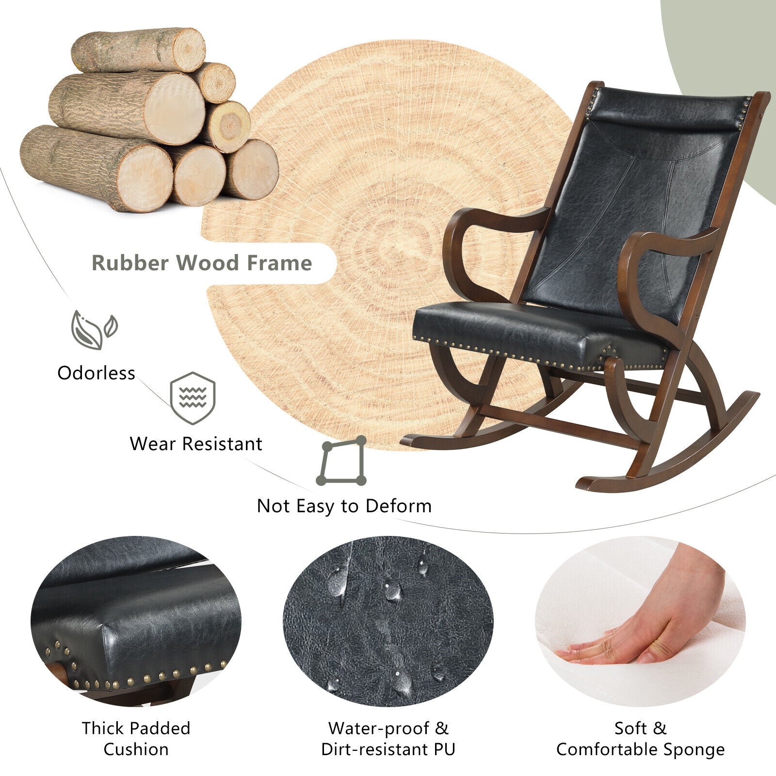 Modern Rocking Chair with PU Cushion and Rubber Wood Frame-Black
