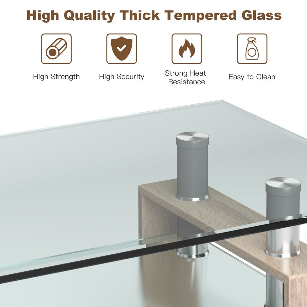 Rectangle Glass Coffee Table with Metal Legs for Living Room-Natural