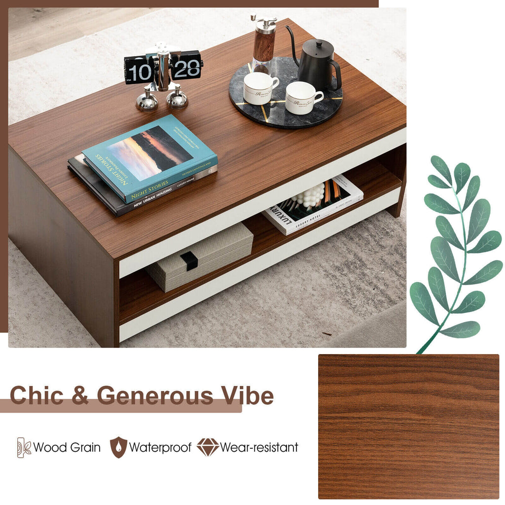 37 Inch 2-Tier Rectangle Wooden Coffee Table with Storage Shelf-Wulnat