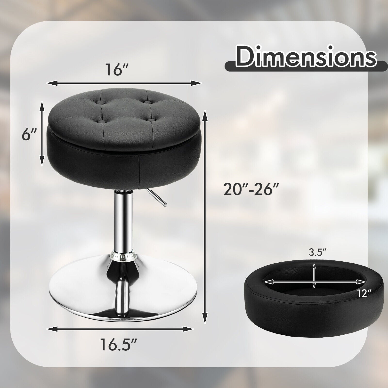 Adjustable 360Â° Swivel Storage Vanity Stool with Removable Tray-Black