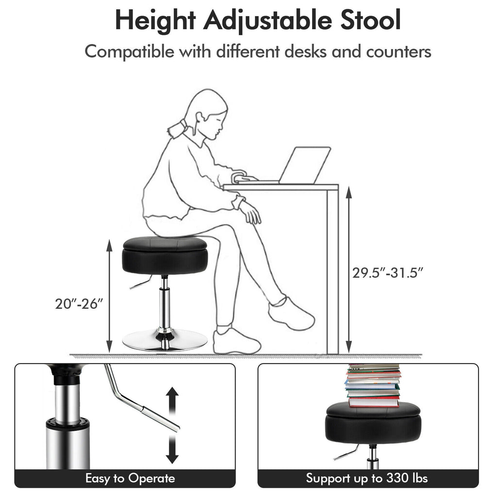 Adjustable 360Â° Swivel Storage Vanity Stool with Removable Tray-Black