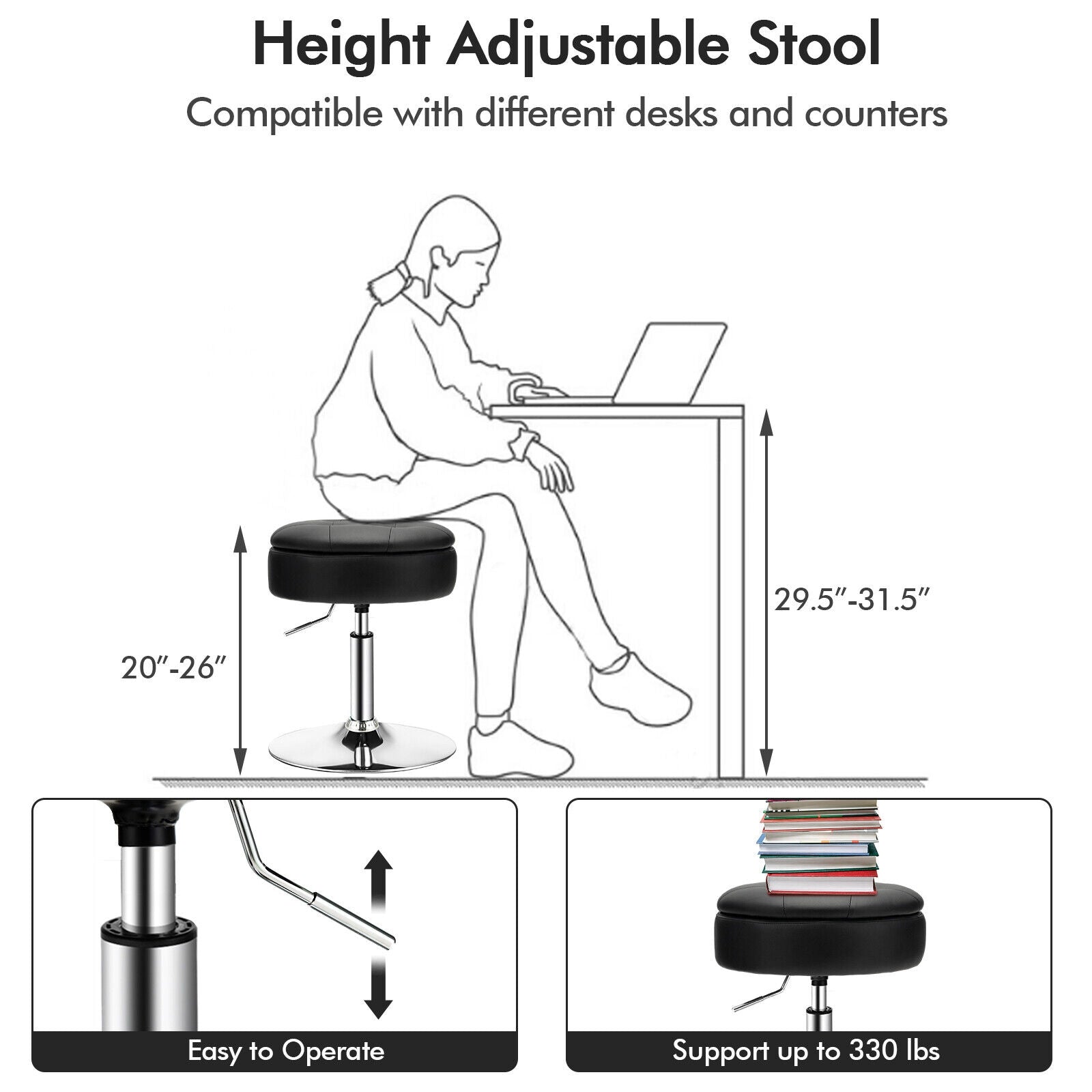 Adjustable 360Â° Swivel Storage Vanity Stool with Removable Tray-Black