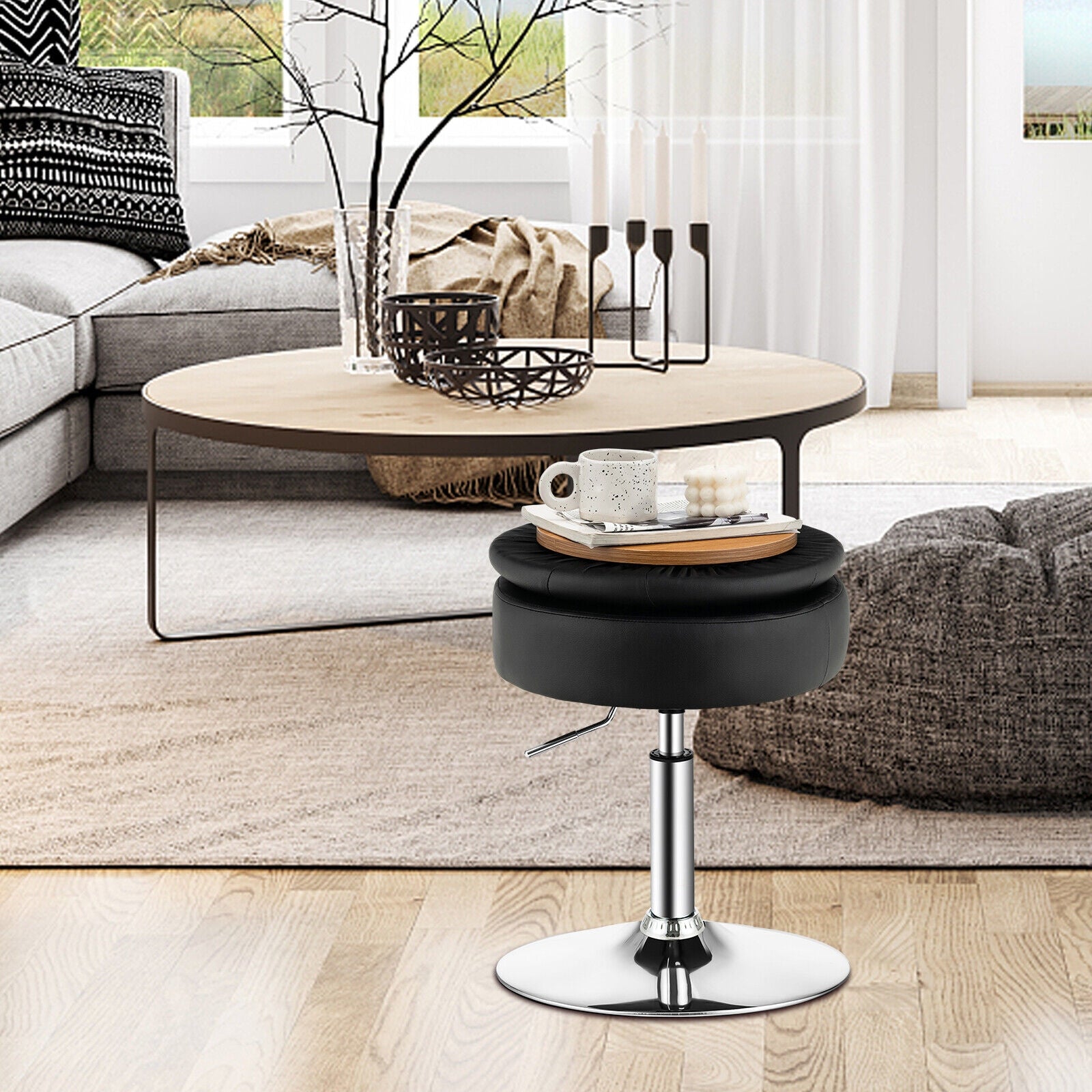 Adjustable 360Â° Swivel Storage Vanity Stool with Removable Tray-Black