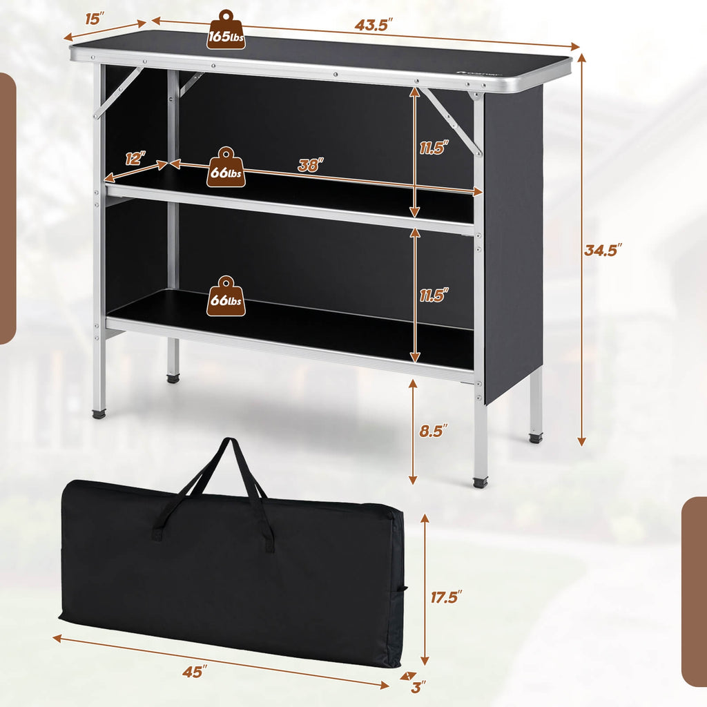 Table de camping pliante avec étagères ouvertes à 2 niveaux pour barbecue extérieur - Noir