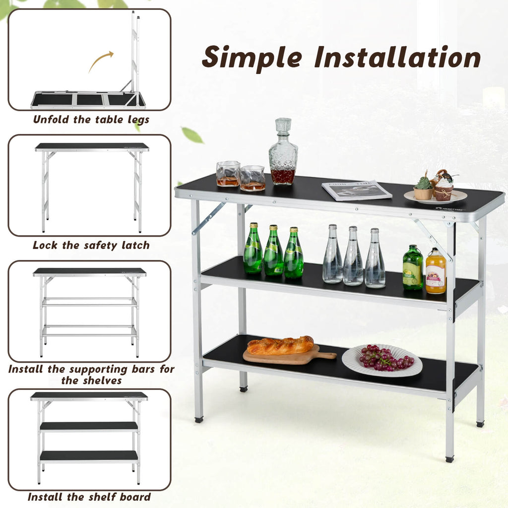 Table de camping pliante avec étagères ouvertes à 2 niveaux pour barbecue extérieur - Noir