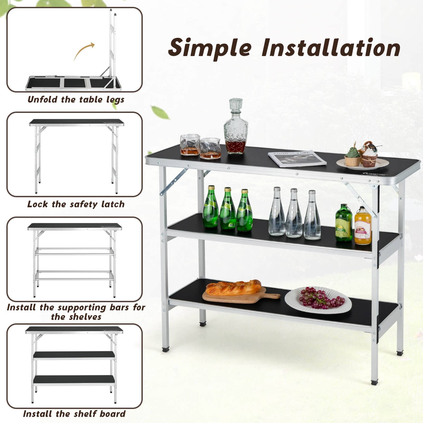 Table de camping pliante avec étagères ouvertes à 2 niveaux pour barbecue extérieur - Noir