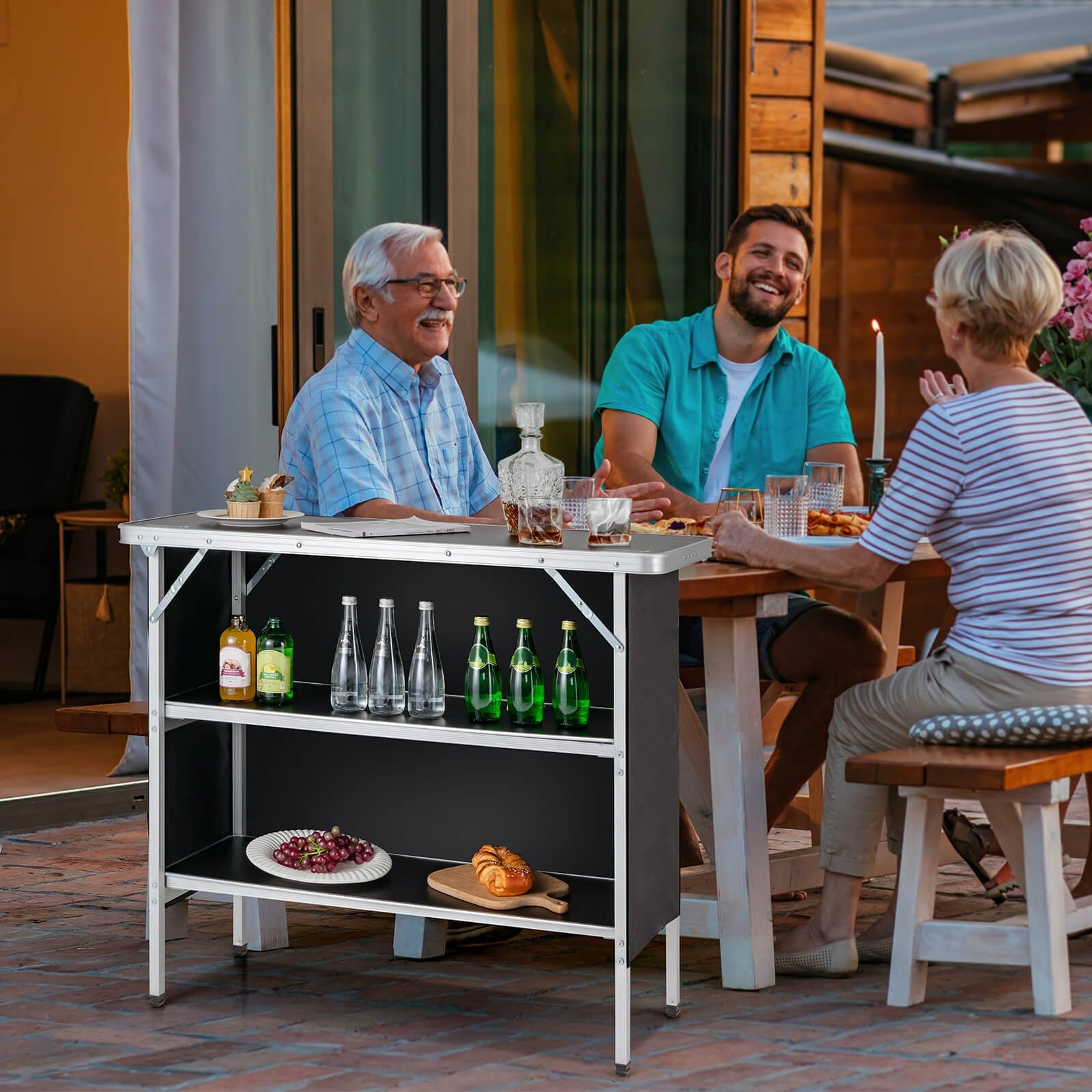 Table de camping pliante avec étagères ouvertes à 2 niveaux pour barbecue extérieur - Noir