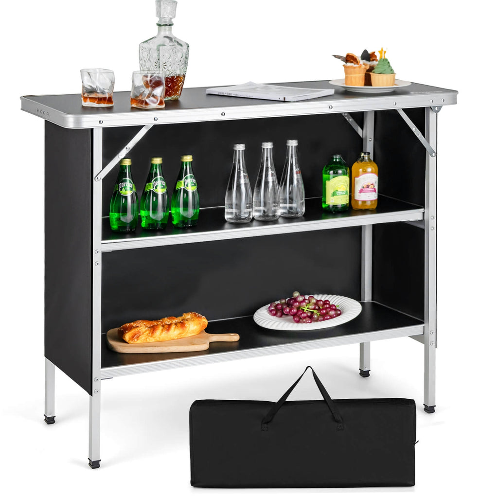 Table de camping pliante avec étagères ouvertes à 2 niveaux pour barbecue extérieur - Noir