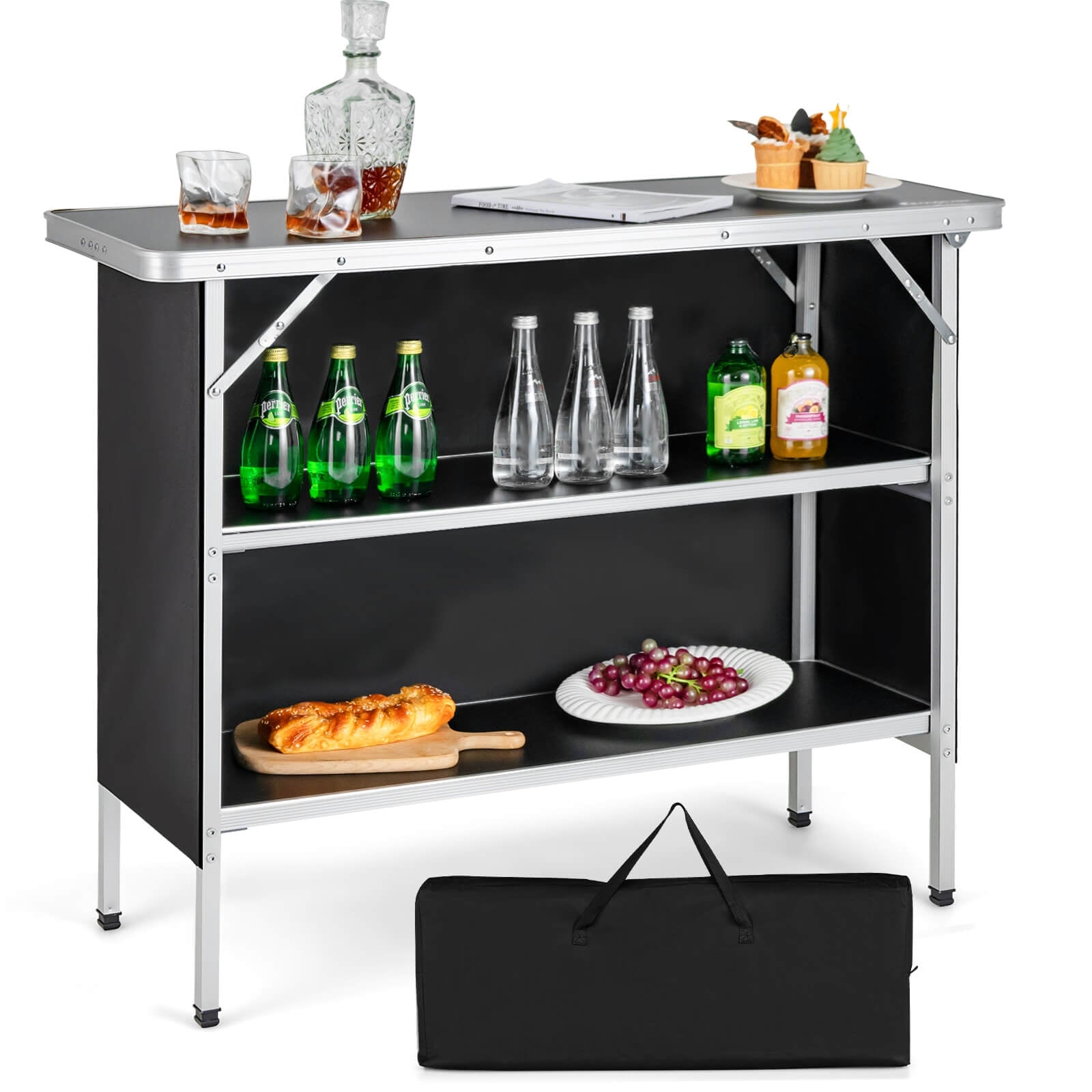 Table de camping pliante avec étagères ouvertes à 2 niveaux pour barbecue extérieur - Noir