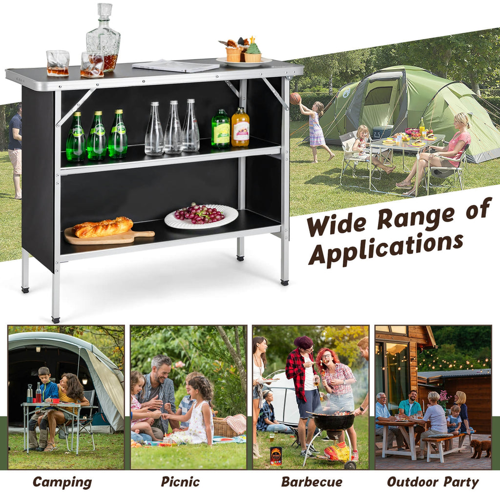 Table de camping pliante avec étagères ouvertes à 2 niveaux pour barbecue extérieur - Noir