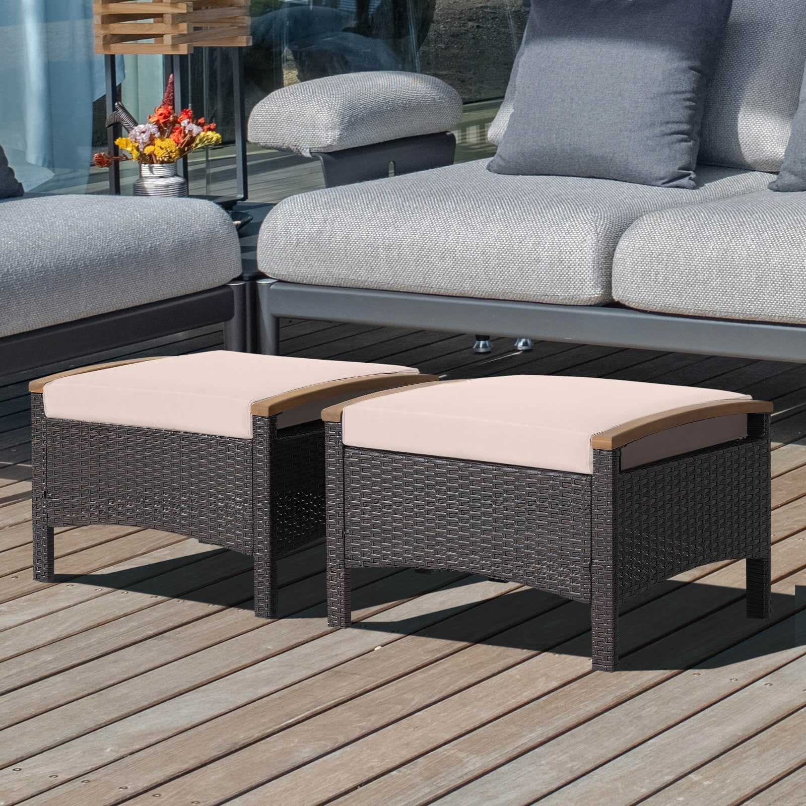 Lot de 2 poufs de patio en osier résistants à la décoloration - Marron