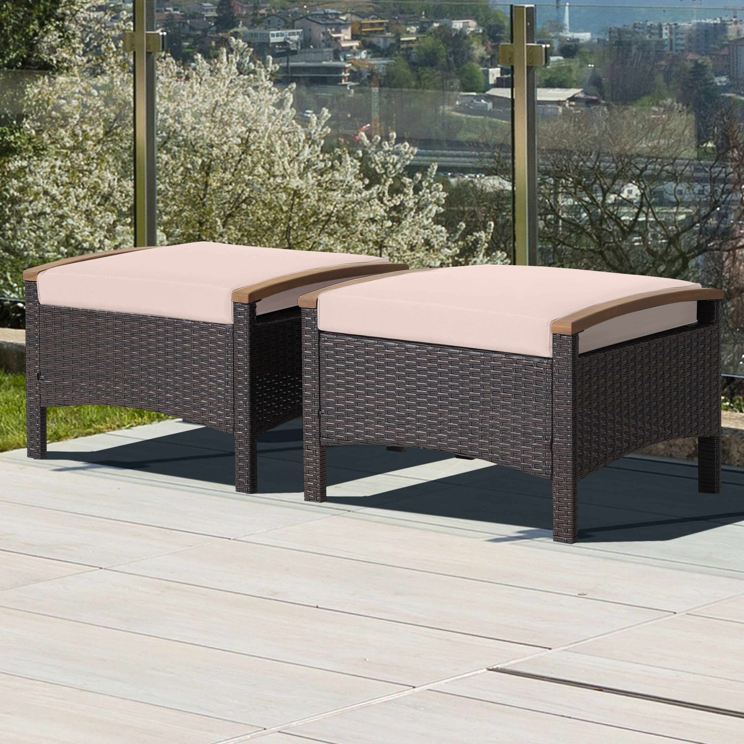 Lot de 2 poufs de patio en osier résistants à la décoloration - Marron