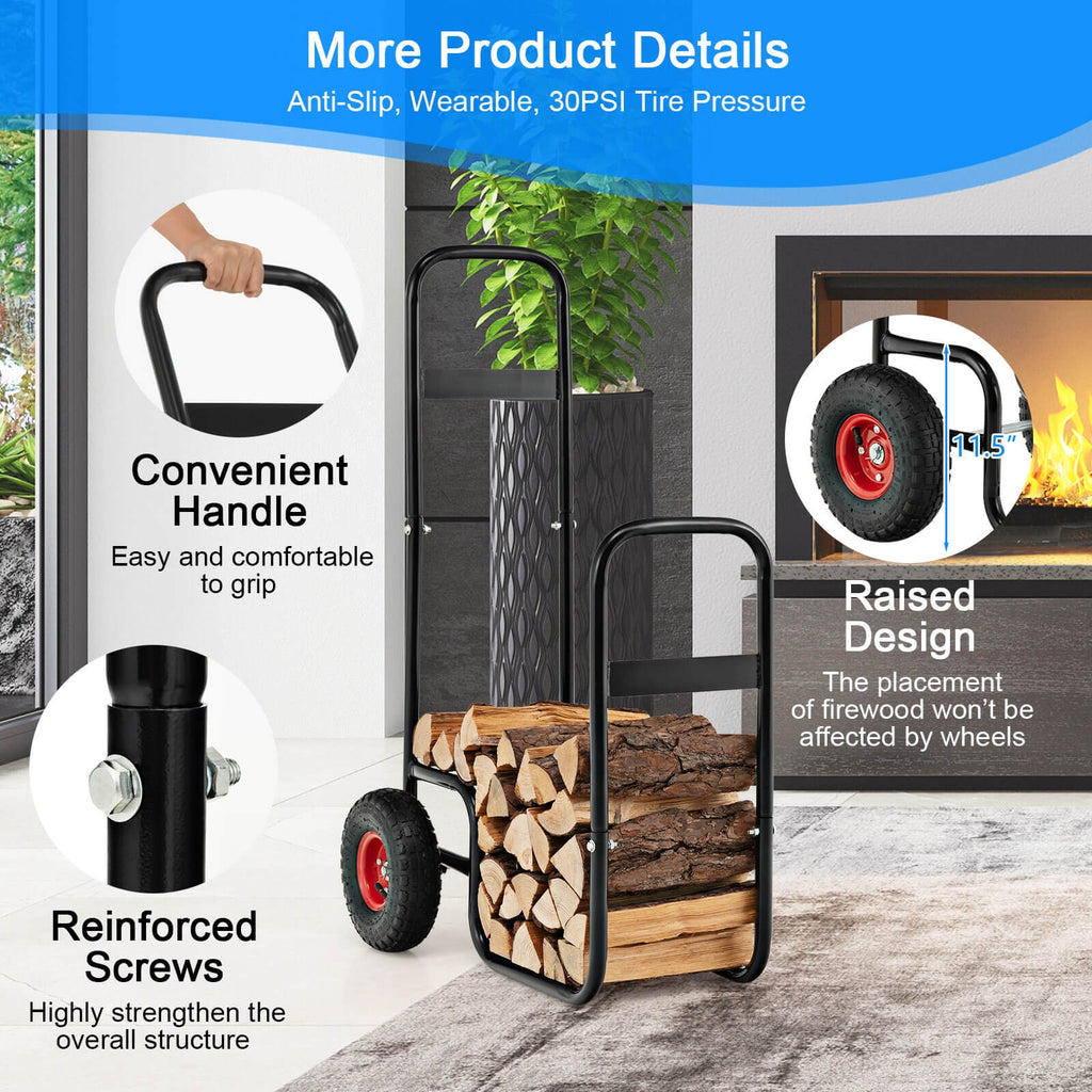 Firewood Log Cart Carrier with Wear-Resistant and Shockproof Rubber Wheels