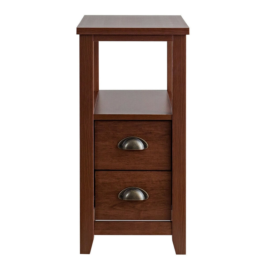 1 Piece End Table Wooden with 2 Drawers and Shelf Bedside Table-Brown