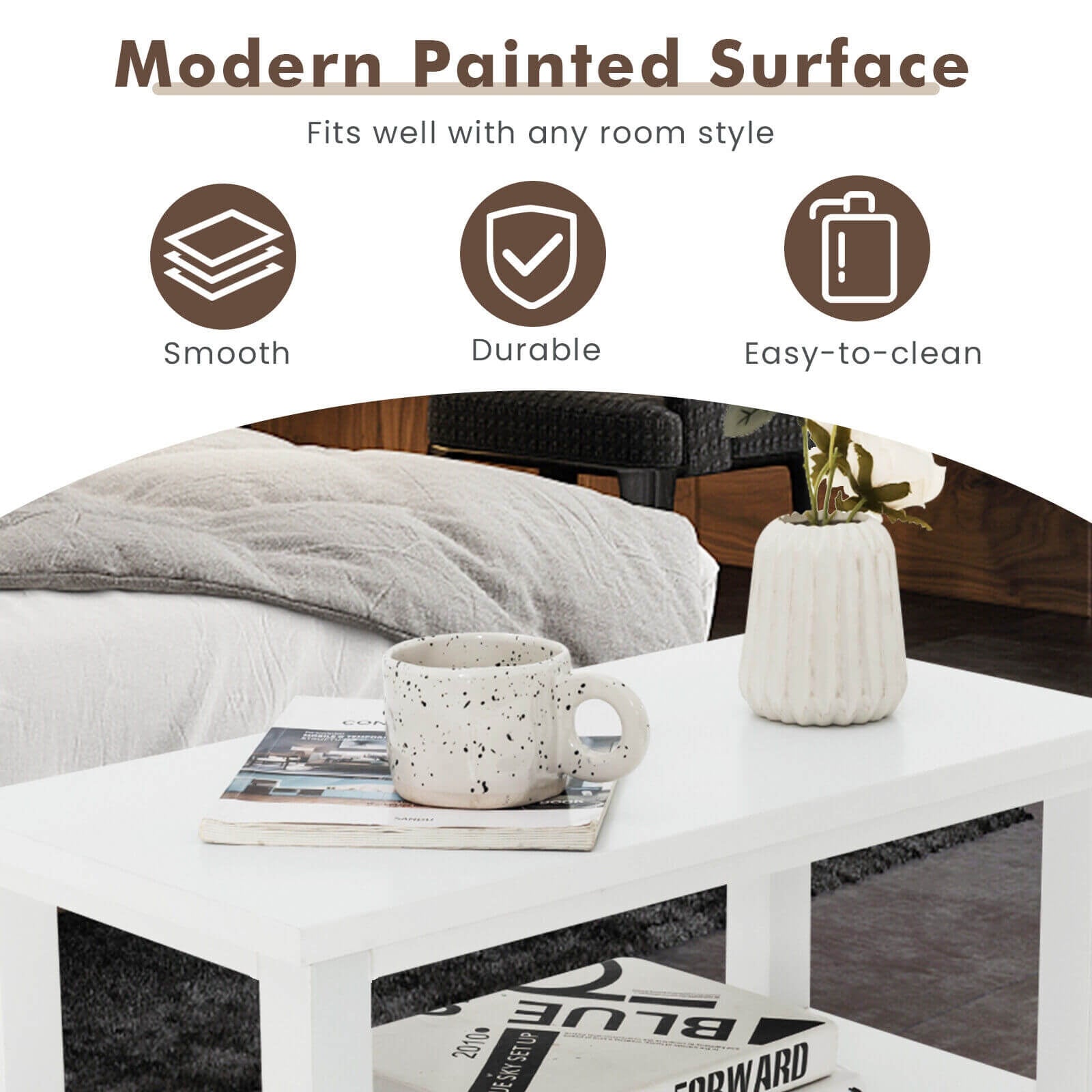 End Table Wooden with 2 Drawers and Shelf Bedside Table-White