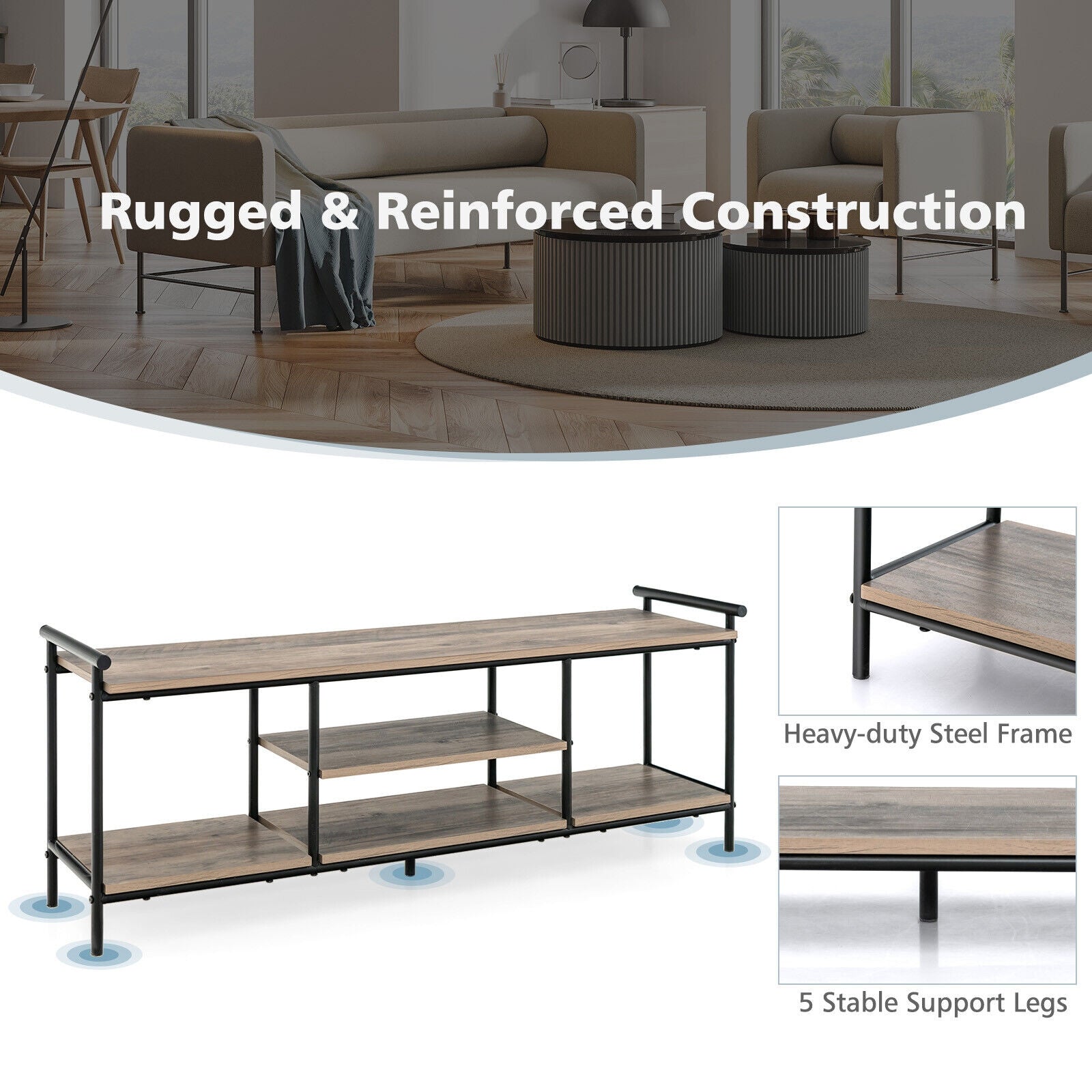 Industrial TV Stand for TVs up to 60 Inch with Storage Shelves-Natural