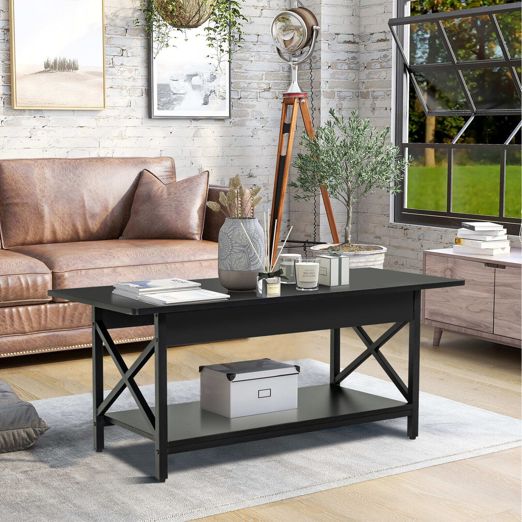 2-Tier Industrial Rectangular Coffee Table with Storage Shelf-Black