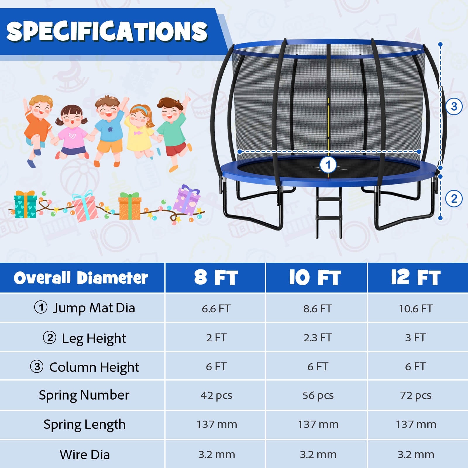 Trampoline récréatif de 12 pi avec échelle, homologué ASTM - Bleu
