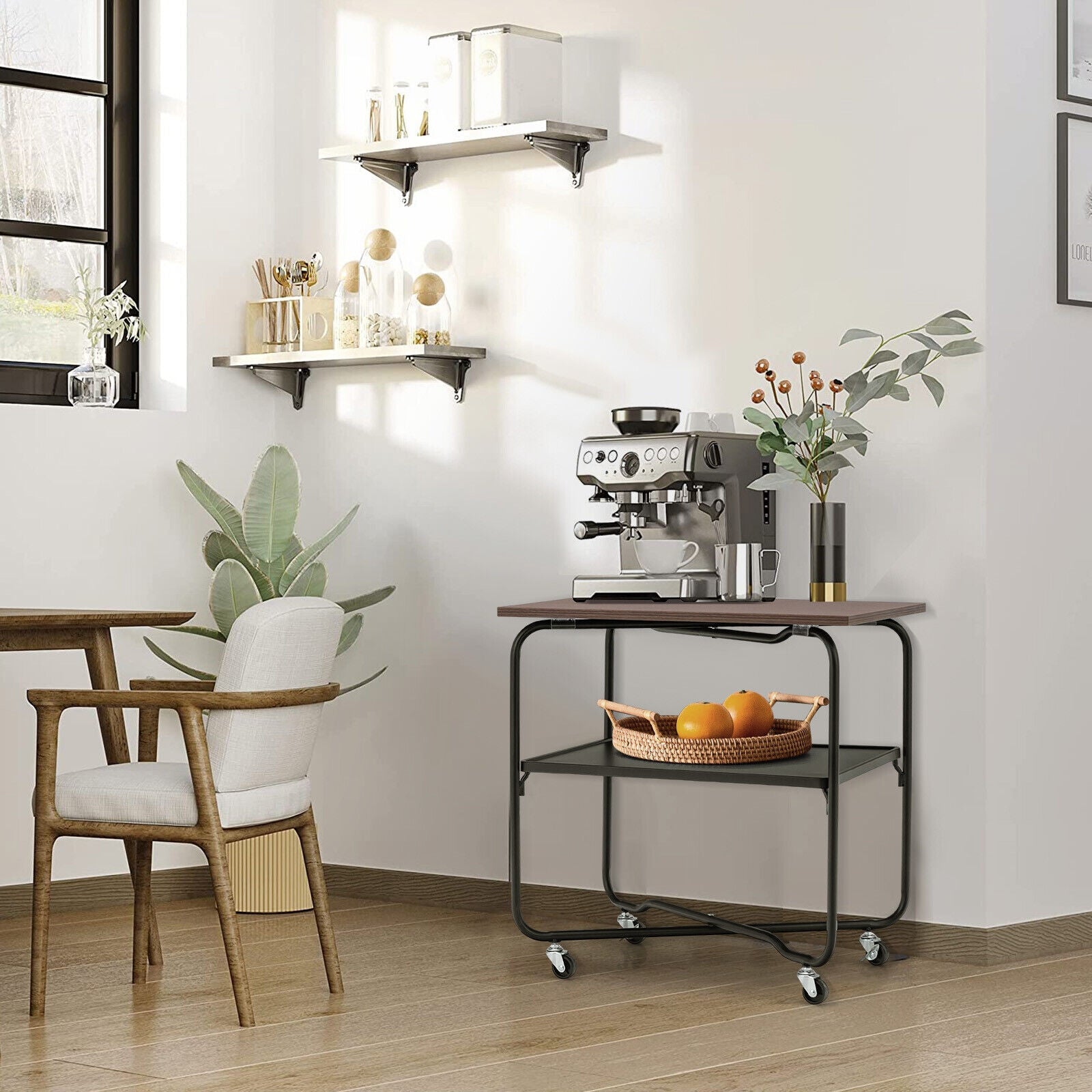 2-Tier End Table with Metal Storage Shelf and Foldable Frame-Brown