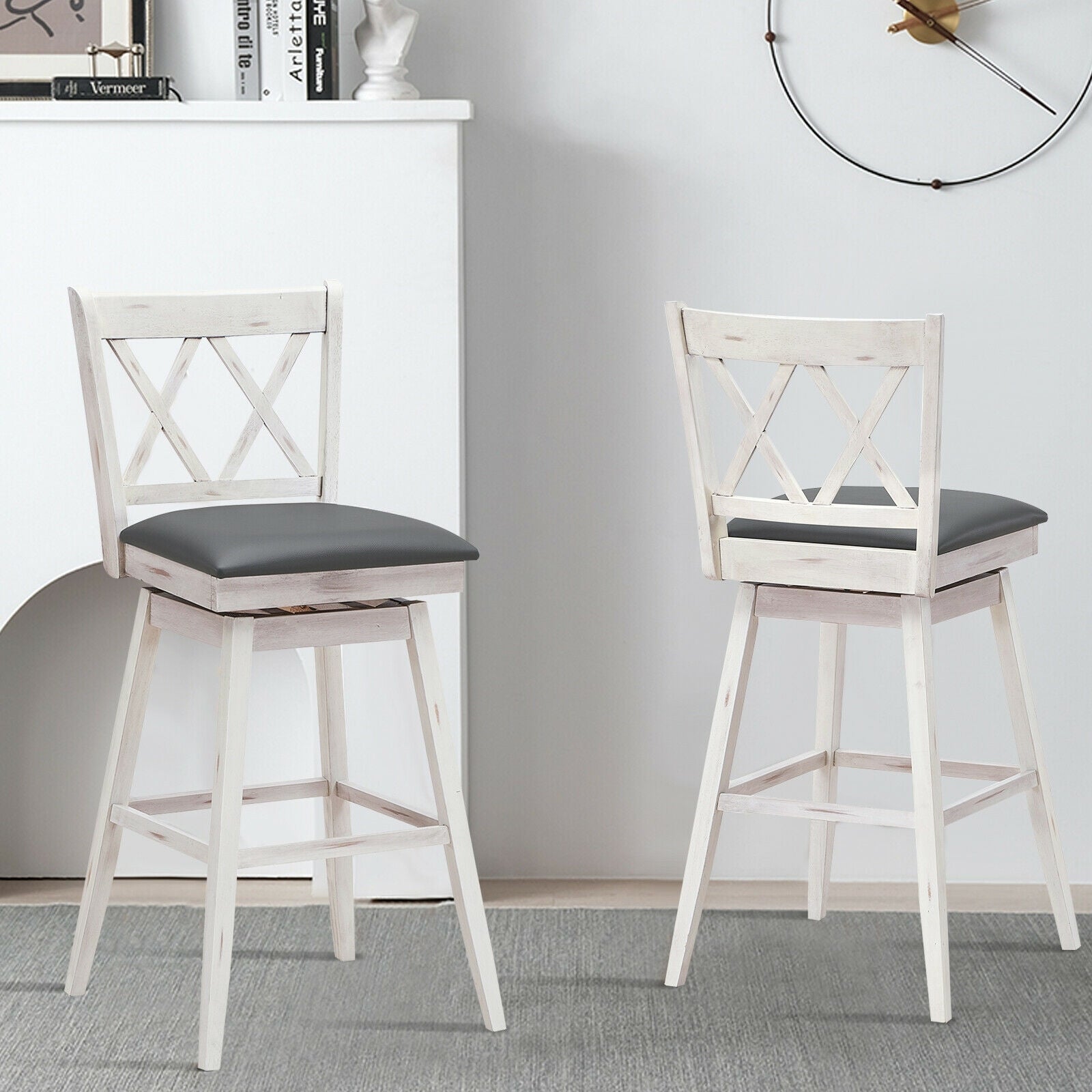2 Pieces 29 Inches Swivel Counter Height Barstool Set with Rubber Wood Legs-White