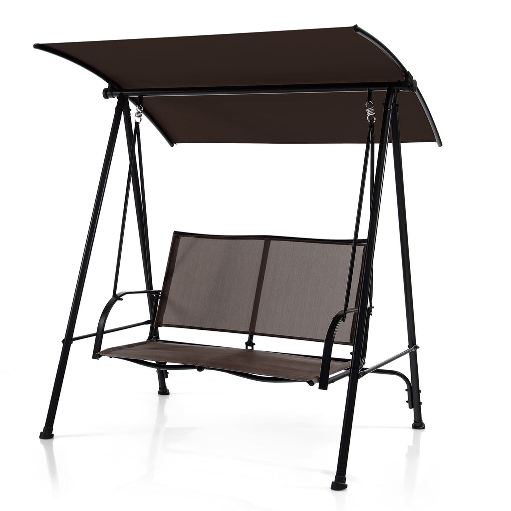 Balancelle d'extérieur 2 places avec auvent, assise en tissu confortable et structure métallique robuste - Marron