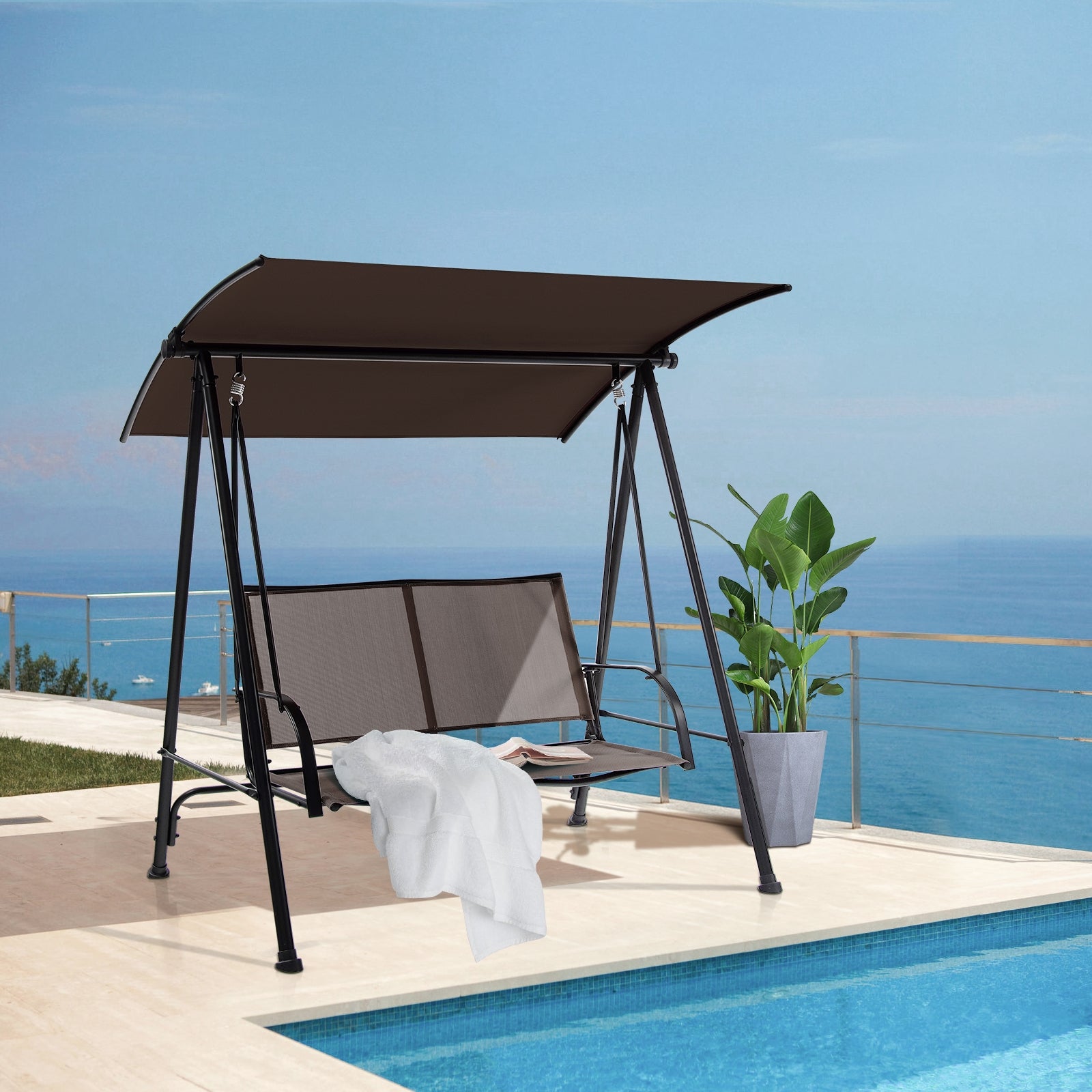 Balancelle d'extérieur 2 places avec auvent, assise en tissu confortable et structure métallique robuste - Marron