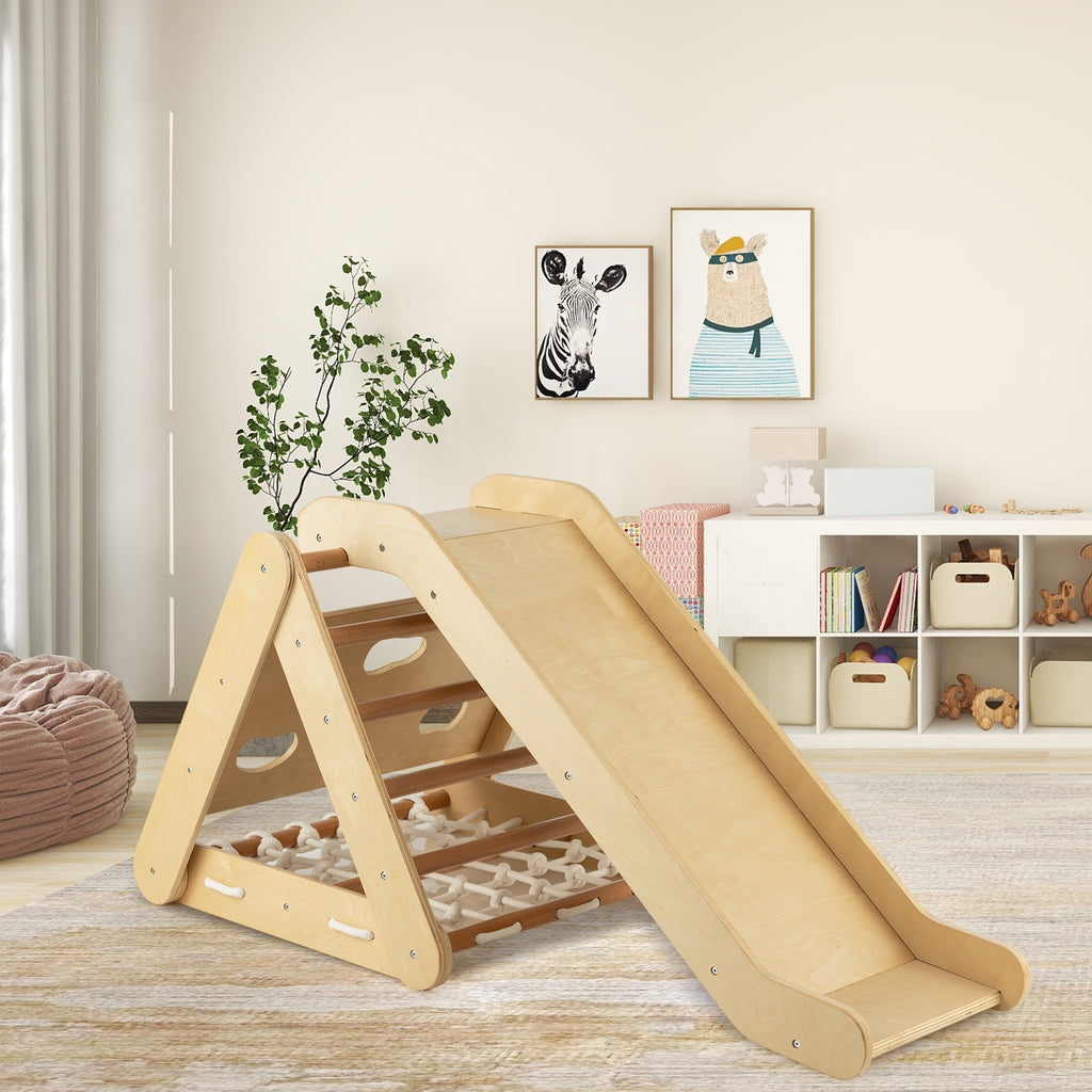 Patented 4 in 1 Triangle Climber Toy with Sliding Board and Climbing Net-Natural