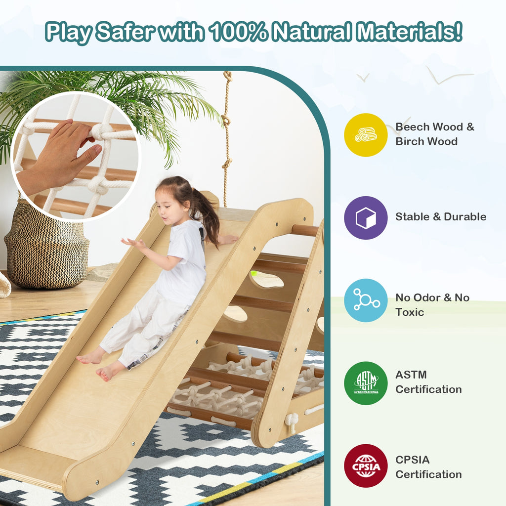 Patented 4 in 1 Triangle Climber Toy with Sliding Board and Climbing Net-Natural