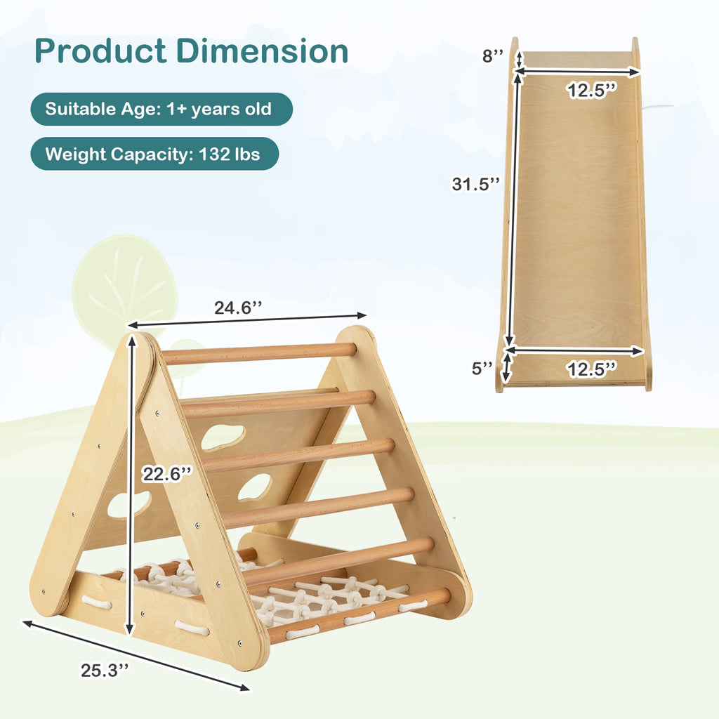 Patented 4 in 1 Triangle Climber Toy with Sliding Board and Climbing Net-Natural