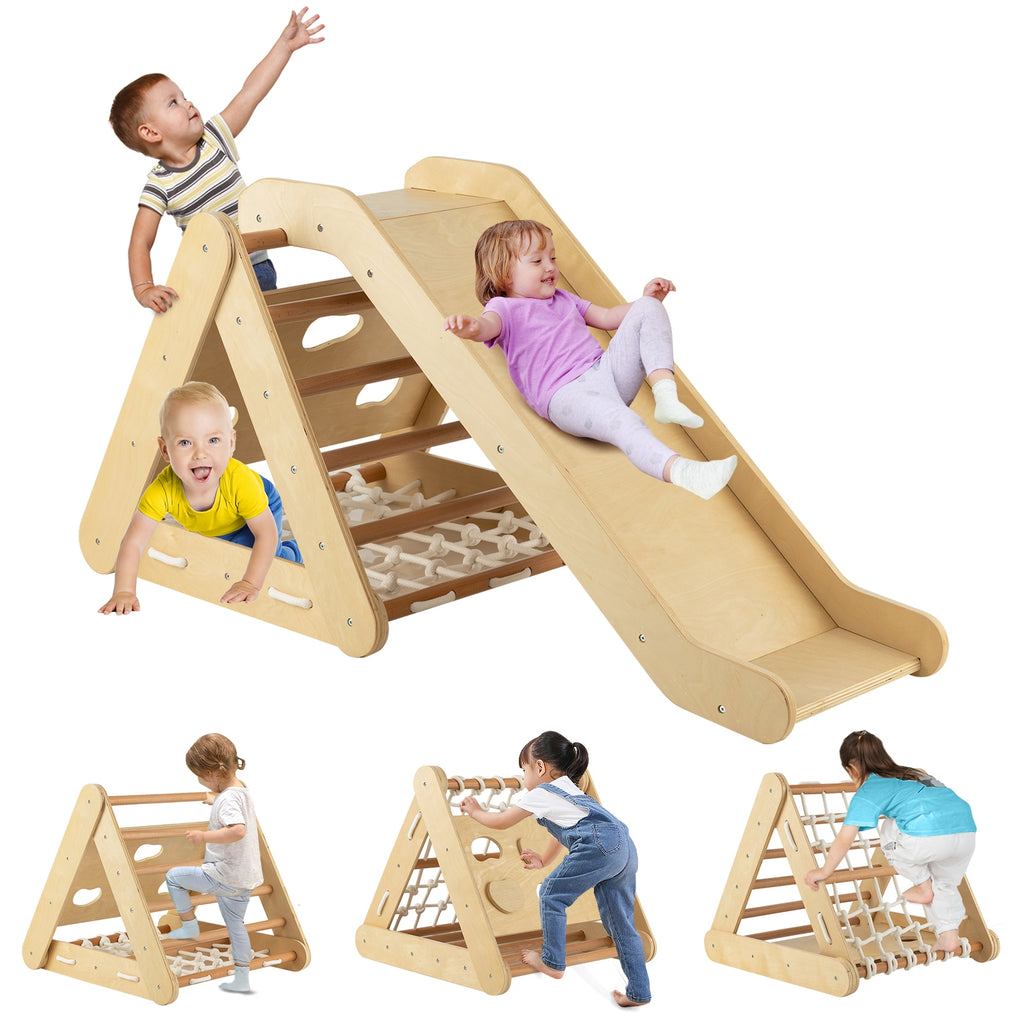Patented 4 in 1 Triangle Climber Toy with Sliding Board and Climbing Net-Natural