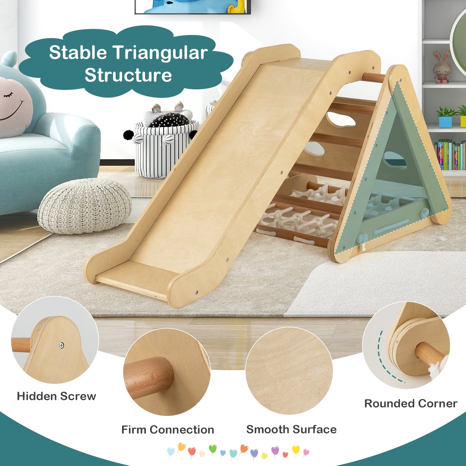 Patented 4 in 1 Triangle Climber Toy with Sliding Board and Climbing Net-Natural