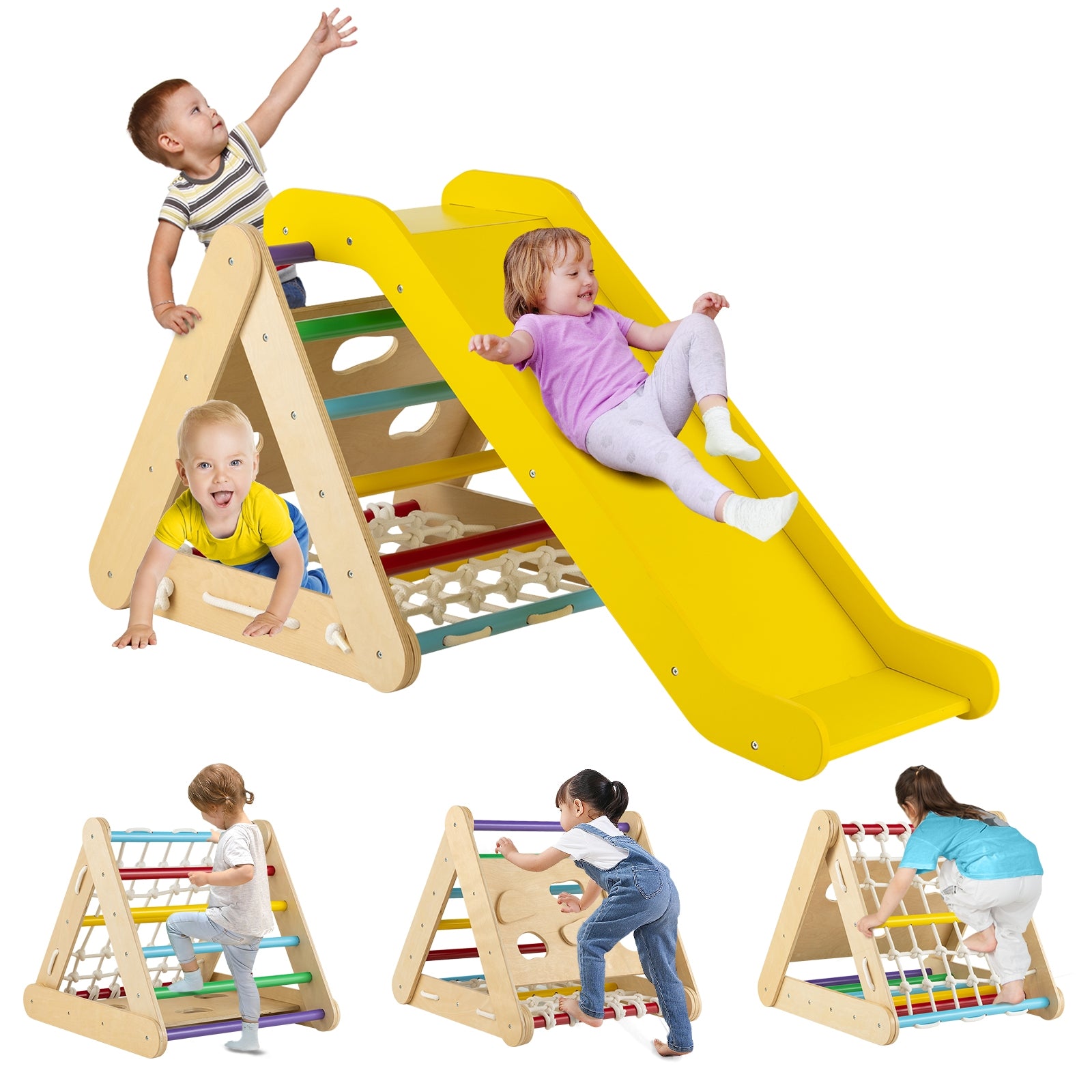 Patented 4 in 1 Triangle Climber Toy with Sliding Board and Climbing Net-Multicolor