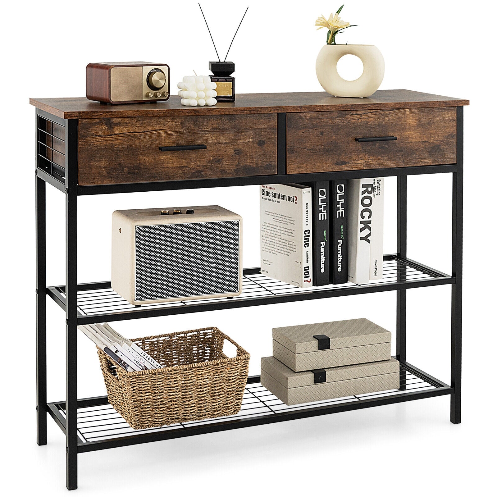 39.5 Inch Entryway Table with 2 Drawers and 2-Tier Shelves-Rustic Brown