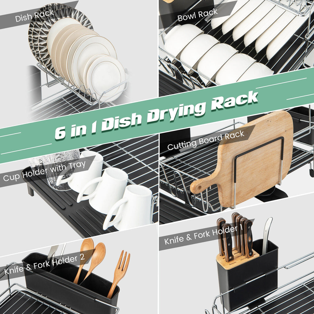 2-Tier Detachable Dish Rack with Drainboard and 360° Swivel Spout-Sliver