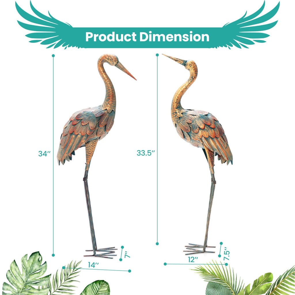 Set of 2 Crane Garden Statues Standing Metal Crane Sculptures Bird