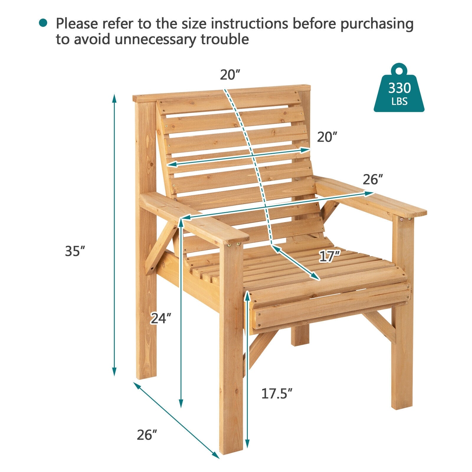 Chaise d'extérieur en bois de sapin massif avec dossier incliné - Marron