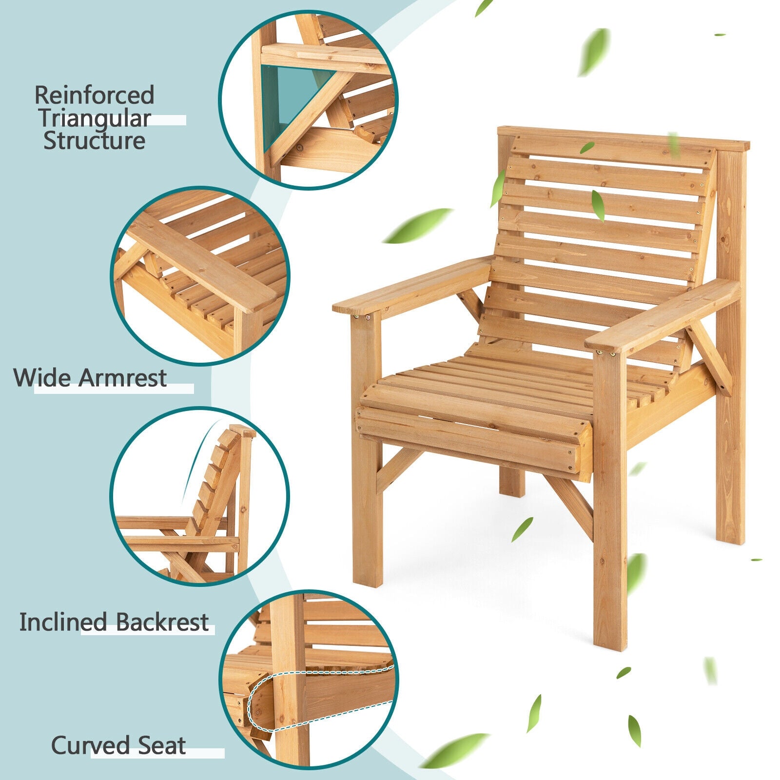Chaise d'extérieur en bois de sapin massif avec dossier incliné - Marron
