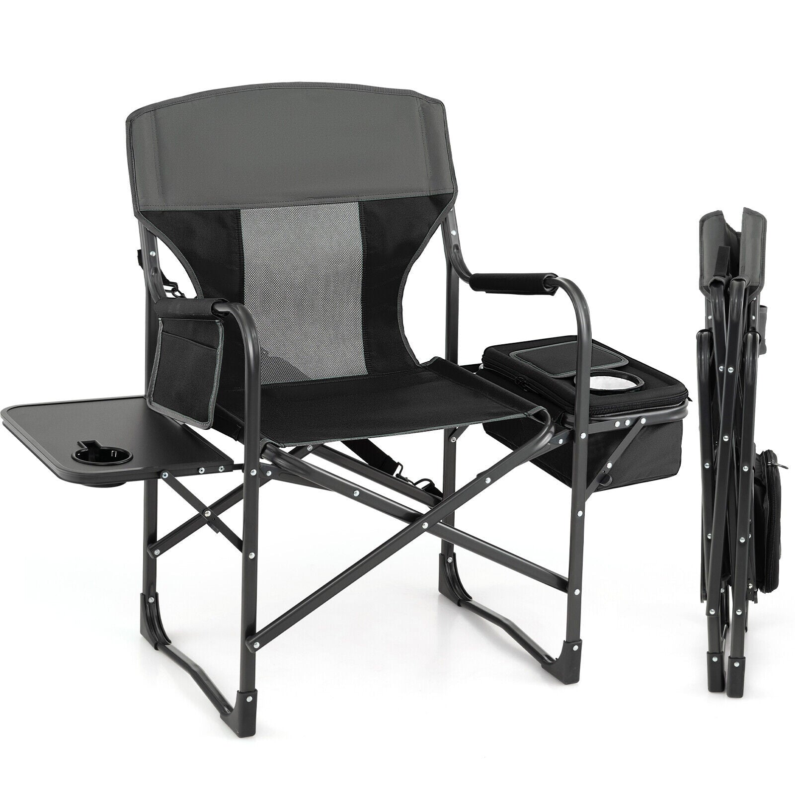 Fauteuil de camping pliant avec sac isotherme et tablette latérale - Noir