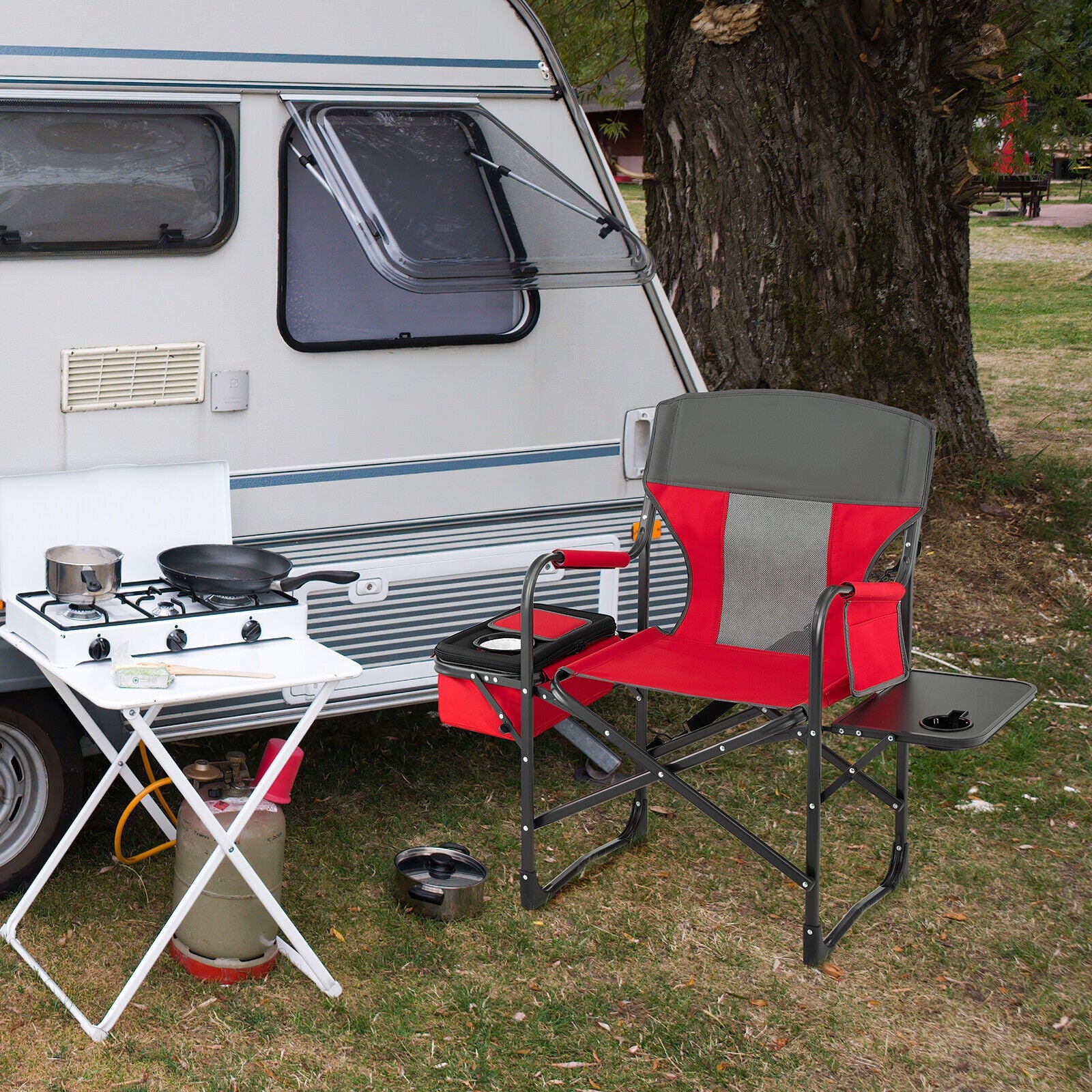 Chaise de camping pliante pour réalisateur avec sac isotherme et table d'appoint - Rouge