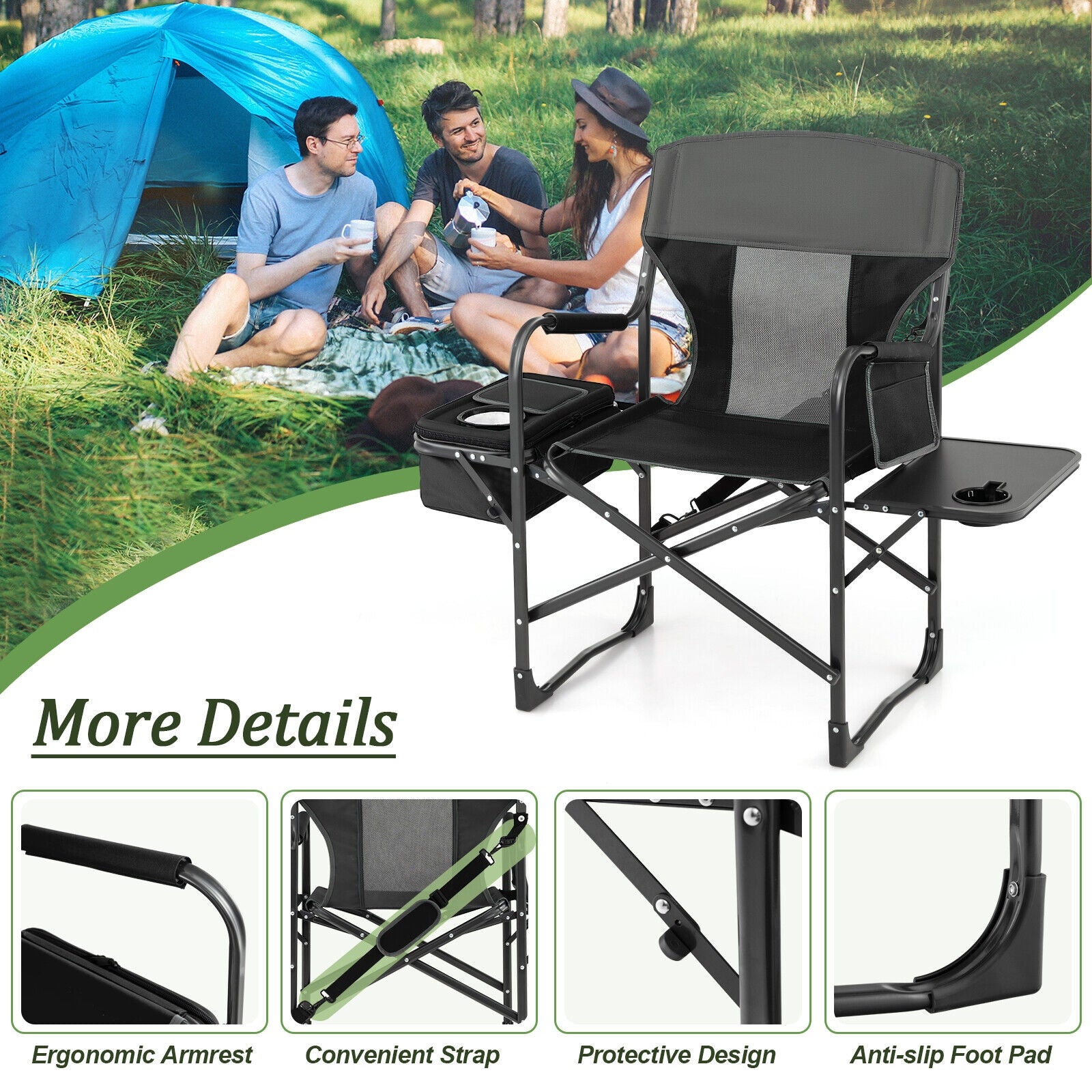 Fauteuil de camping pliant avec sac isotherme et tablette latérale - Noir