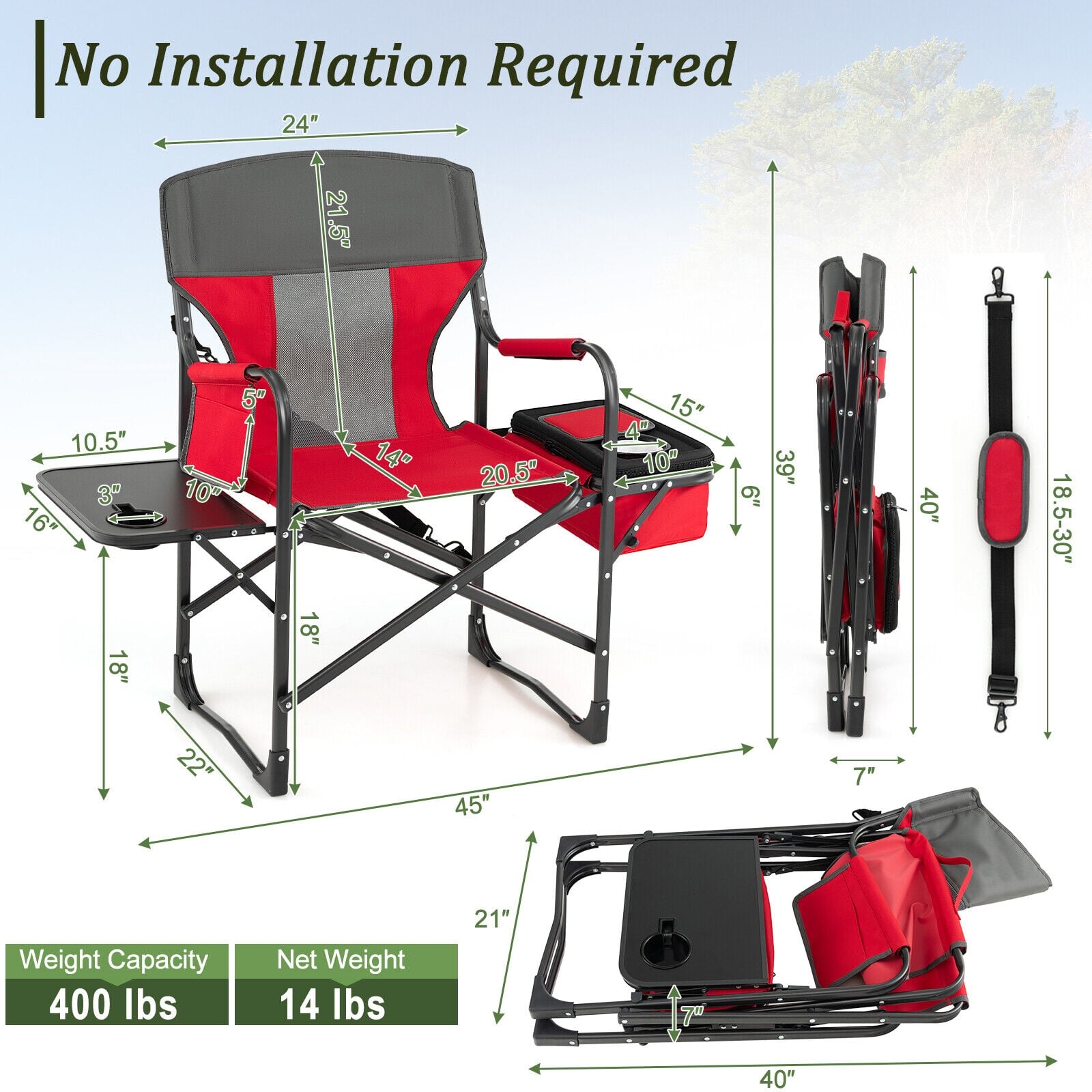 Chaise de camping pliante pour réalisateur avec sac isotherme et table d'appoint - Rouge
