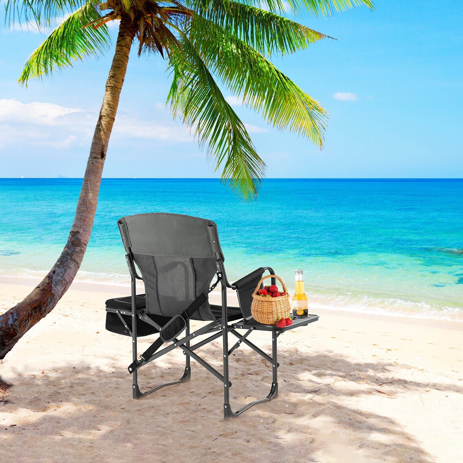 Fauteuil de camping pliant avec sac isotherme et tablette latérale - Noir
