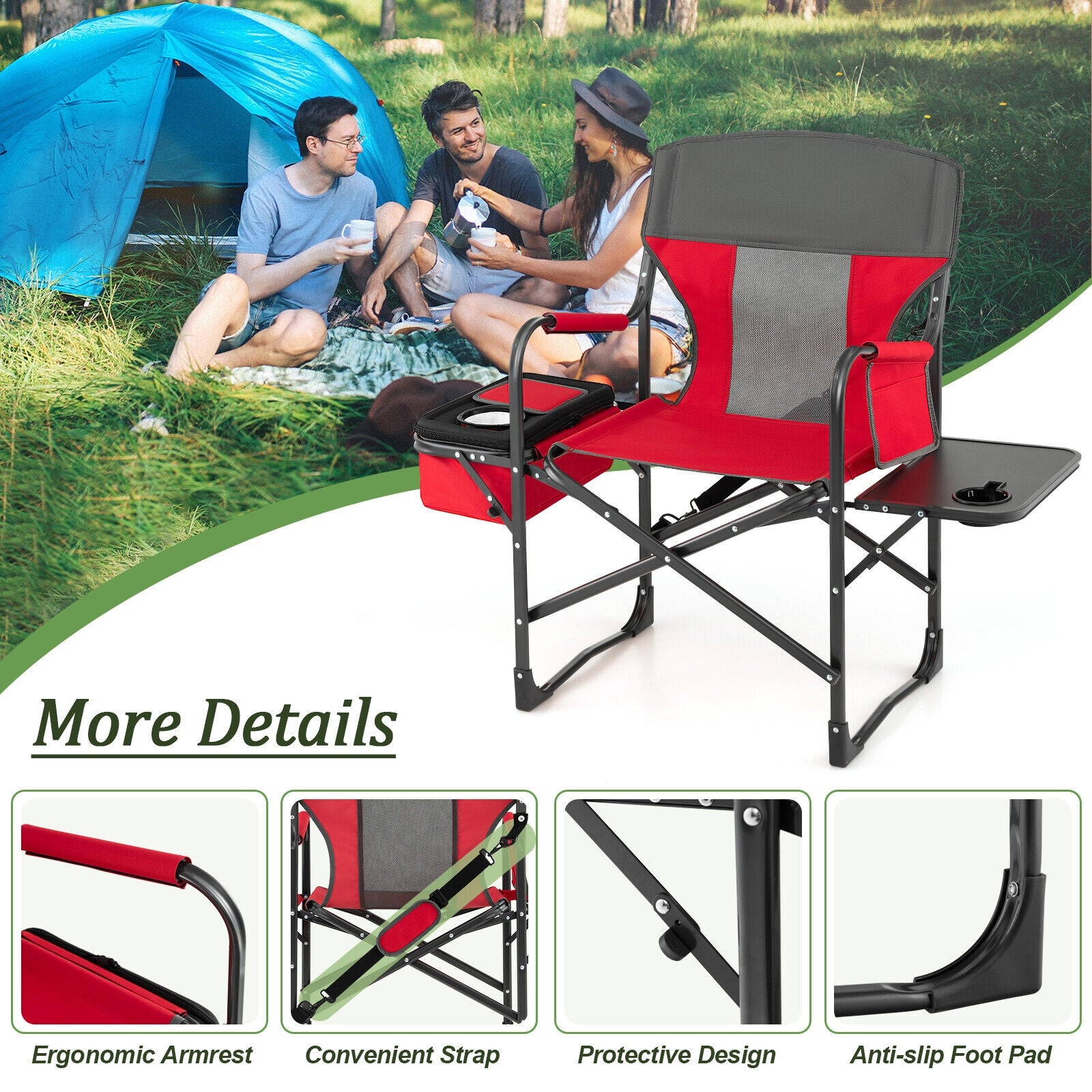 Chaise de camping pliante pour réalisateur avec sac isotherme et table d'appoint - Rouge