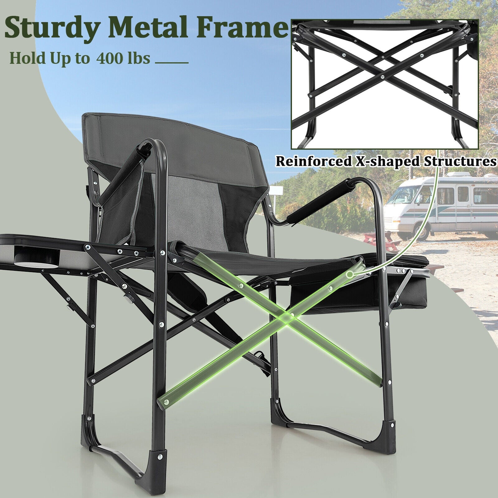 Fauteuil de camping pliant avec sac isotherme et tablette latérale - Noir