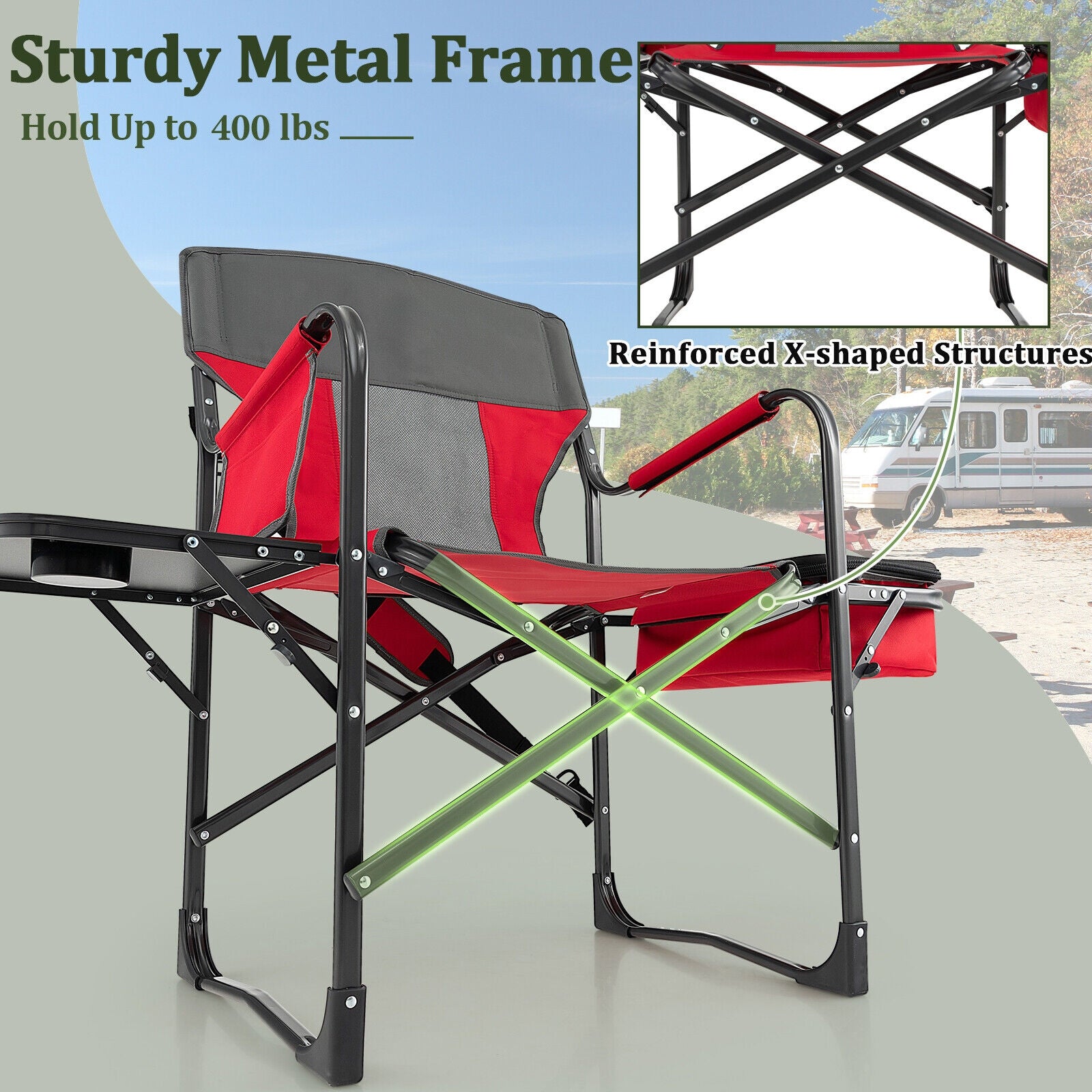 Chaise de camping pliante pour réalisateur avec sac isotherme et table d'appoint - Rouge
