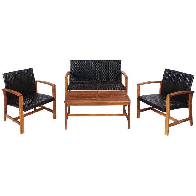 4 Pieces PE Rattan Patio Furniture Set with Acacia Wood